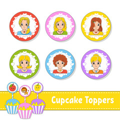 Cupcake Toppers. Set of six round pictures. Lovely smiling girls. Cartoon characters. Cute image. For birhday, party, baby shower.