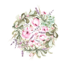 Hand painted watercolor provence circle with roses, peony, hydrangea, lavander, ears and foliage. Romantic floral rustic set perfect for fabric textile, vintage paper,, invitation or greeting cards.