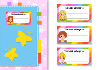 Book label stickers for kids. Beautiful girls. The rectangular shape. Isolated color vector illustration. Cartoon character. For the diary, notebook, book.
