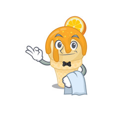 A cartoon character of orange ice cream waiter working in the restaurant