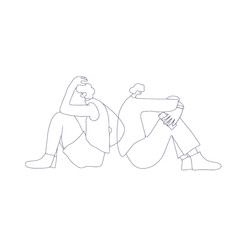 Mental disoder. Young people sitting on the floor.