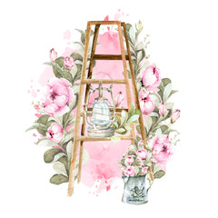 Hand painted watercolor set - wooden ladder with lantern, pink flowers-peony, roses and leaves on the background of watercolor stain. Provence style