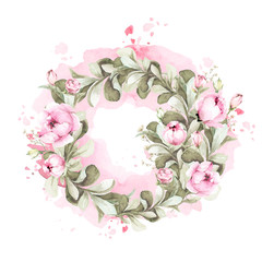 Hand painted watercolor wreath - pink flowers - peony , roses and leves on the background of watercolor stain. Provence style