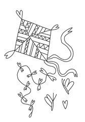 Vector coloring book for adults and children. Kite in the sky with ribbons. Summer fun and play with the wind for children. Spring black and white illustration for creativity at home.