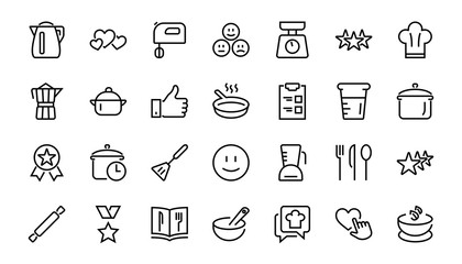 Fototapeta premium Set of icons for cooking and kitchen, vector lines, contains icons such as a knife, saucepan, boiling time, mixer, scales, recipe book. Editable stroke, perfect 480x480 pixels, white background