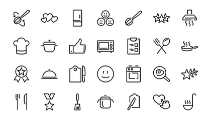 Naklejka premium Set of cooking and kitchen icons, Vector lines, contains icons such as frying pan, frying, microwave, fork with spoon, Editable stroke, perfect 480x480 pixels, white background.
