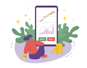 Fototapeta premium Girl sitting on the floor with invest app. Vector