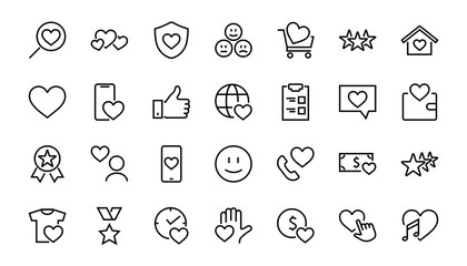  The set of icons about love contains such icons as love of music, declaration of love, heart, favorite home, Linear set. Vector on a white background. Editable stroke. 480x480