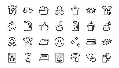  Simple set of washing related vector line Icons. Contains icons such as washing machine, powder, laundry, dirty t-shirt and much more. On a white background, editable stroke. 48x48 pixels perfect