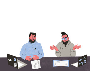 Bearded men sitting with laptop. Vector design.