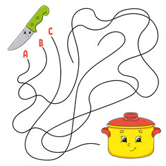 Easy maze. Knife and stewpan. Labyrinth for kids. Activity worksheet. Puzzle for children. Cartoon character. Logical conundrum. Color vector illustration.
