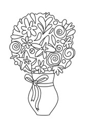 Vector coloring book for adults and children. Bouquet with flowers in a vase with a bow. Spring hand drawn illustration for creativity at home. Spring series of coloring pages for creative drawing