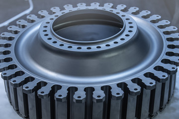 Jet engine gear wheels, industrial background.
