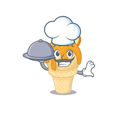 Orange ice cream chef cartoon character serving food on tray