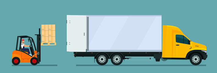 Forklift truck loading. Vector flat style illustration.