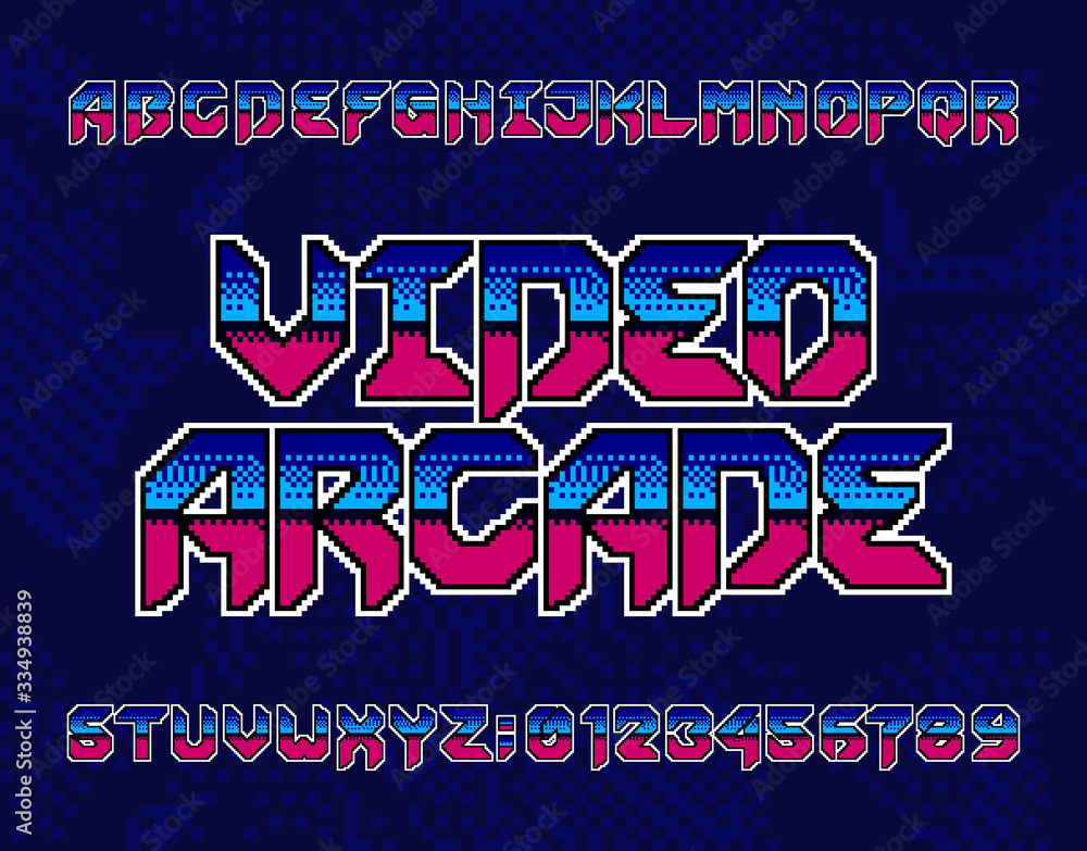 Fototapete video arcade alphabet font. retro pixel letters and numbers. pixel background. 80s electronic game t