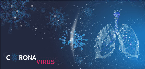 Fototapeta na wymiar Coronavirus (2019-nCoV). Virus Covid 19-NCP banner for awareness & alert against disease spread in the lung,Background with viral cell polygon mesh. Linear outline style. Vector illustration.