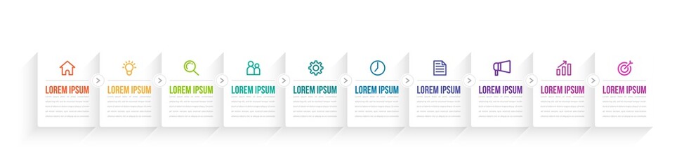 Minimal Business Infographics template. Timeline with 10 steps, options and marketing icons .Vector linear infographic with ten conected elements. Can be use for presentation.