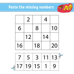 Paste the missing numbers 1-20. Game for children. Handwriting practice. Learning numbers for kids. Education developing worksheet. Activity page. Isolated vector illustration in cute cartoon style.