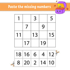 Paste the missing numbers 1-20. Game for children. Handwriting practice. Learning numbers for kids. Education developing worksheet. Activity page. Isolated vector illustration in cute cartoon style.