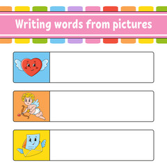 Writing words from pictures. Education developing worksheet. Heart, cupid, envelope. Activity page for kids. Puzzle for children. Isolated vector illustration. Cartoon characters.