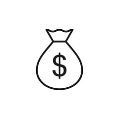 Isolated black line icon of sack, money bag on white background. Outline symbol of banking, rich. Logo flat design.