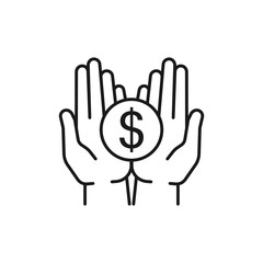 Obraz premium Isolated line icon of coin, money in two outline hands on white background. Symbol of cash charity investment wealth, payment. logo flat design.