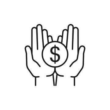 Isolated line icon of coin, money in two outline hands on white background. Symbol of cash charity investment wealth, payment. logo flat design.