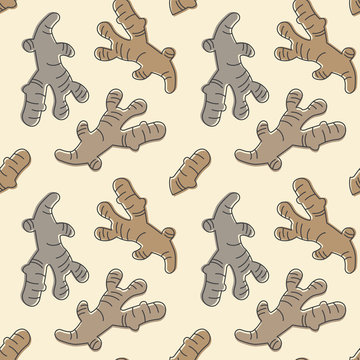 Ginger spice icons pattern. Dried ginger condiment seamless background. Seamless pattern vector illustration