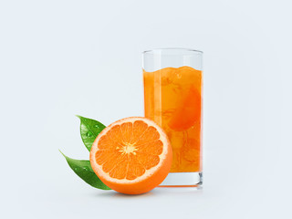 Orange and orange juice costs on a table on a light blue background