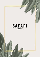 Floral motifs  palm tree jungle safari design with luxury gold foil frame template in vector. Vintage khaki wallpaper, poster, forest decoration with foliage plant. Vip boho banner template - obrazy, fototapety, plakaty