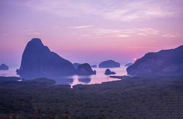 Amazing view and colorful sunrise at Samed Nang chee in Phang Nga bay, Thailand