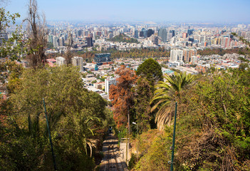 Santiago, Chile, View of the city from the San Cristobal hill.  From the hill of San Cristobal opens an amazing panorama of Santiago - the city of St. James, the patron Saint of the Castilians, in who