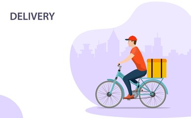 Courier on bicycle with parcel box delivering food In city. Ecological fast delivery concept. Vector illustration in flat style