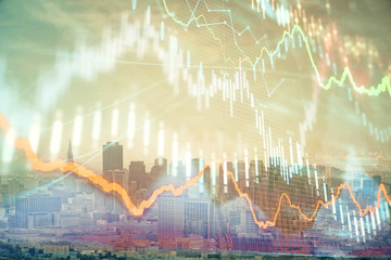 Forex graph on city view with skyscrapers background multi exposure. Financial analysis concept.