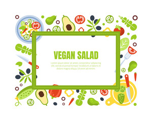 Vegan Salad Banner Template with Fresh Organic Healthy Products and Space for Text Vector Illustration