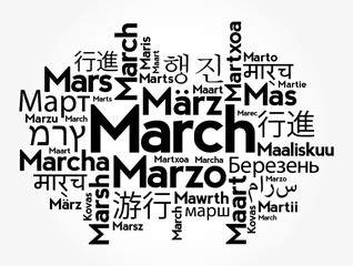 March in different languages of the world, word cloud concept background