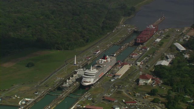 "AGUA CLARA LOCKS" -COLON-PANAMA CANAL-APRIL 15, 2015: Overflight over Gatun Lake, ships and cargo ships, Panama Canal, filmed by day with Cineflex stabilization 5-Axis camera systems
