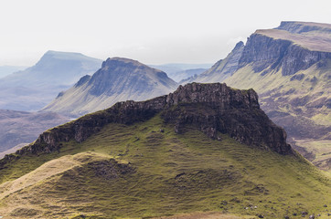 Quiraing valley with rock mountains at Isle of Skye in Scotland