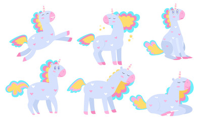 Set of colorful magic unicorns over white background vector illustration