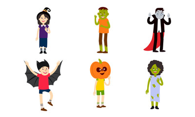 Set of people in different spooky Halloween costumes