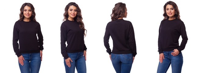 Beautiful girl in a black sports suit with a hood. Front view, side view, rear view. Sweatshirt mockup template