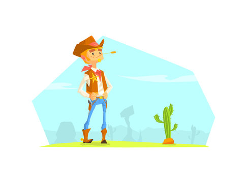 Cheerful Cowboy Sheriff Character in Desert Landscape, Wild West Vector illustration