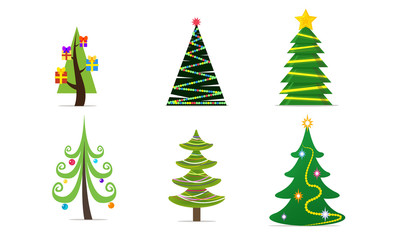 Christmas and New year evergreen trees with festive decorations and lights