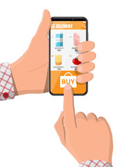 Hand holding smartphone with shopping app. Grocery store delivery. Internet order. Online supermaket. Food and drinks. Milk, vegetables, meat, cheese. Vector illustration flat style