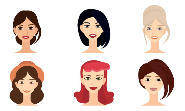 Set of female faces with different hairstyles and hair colors vector illustration