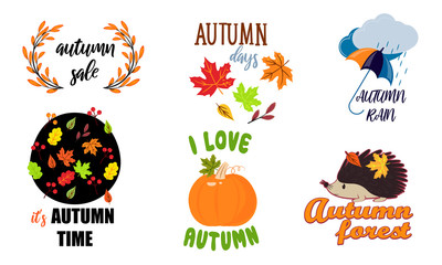 Fototapeta premium Hand drawn autumn seasonal drawings and lettering vector illustration