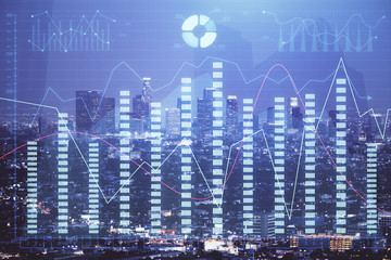 Obraz na płótnie Canvas Financial graph on night city scape with tall buildings background double exposure. Analysis concept.