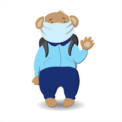 Cute baby bear wear medical mask. Illustration with character in flat style isolated on white background. For kids in public places in case virus pandemic.