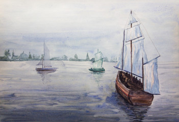 Watercolor handmade painting landscape sea with sailboat, ship under overcast sky.